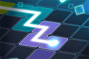 A glowing zigzag line moves across a grid of colorful squares, featuring various shapes in a futuristic design