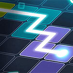 A glowing zigzag line moves across a grid of colorful squares, featuring various shapes in a futuristic design