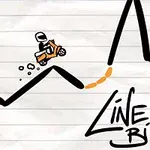 A cartoon-style motorcycle rider navigating a zigzag road made of drawn lines with a playful, simplistic design in a lined notebook background, featuring the text Line Biker