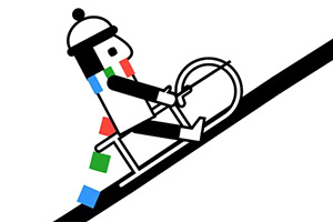 A simplified, stylized illustration of a person in winter attire riding a sled up a slope, featuring colorful geometric shapes as accents