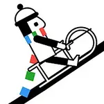 A simplified, stylized illustration of a person in winter attire riding a sled up a slope, featuring colorful geometric shapes as accents