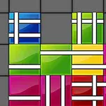 A colorful, abstract grid featuring multiple geometric shapes in blue, green, yellow, pink, and red, interconnected by white lines, against a grey background