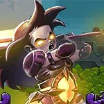 A fierce warrior with glowing eyes and armor, wielding a sword, set against a colorful pixelated background that includes trees and a blue sky