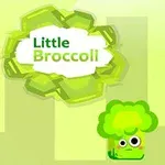 A cute cartoon broccoli character with large eyes stands beside a speech bubble that reads Little Broccoli, set against a light green background with abstract shapes