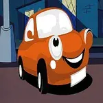 A cheerful orange cartoon car with large eyes and a smiling face, set against a nighttime city background with buildings and streetlights