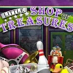 The image features a colorful storefront sign reading Little Shop of Treasures, surrounded by various eclectic items like a flamingo, bowling pins, a nutcracker, and a statue, creating a whimsical atmosphere