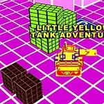 A retro video game scene featuring a yellow tank navigating a colorful, grid-patterned environment with blocks and the text LITTLE YELLOW TANK ADVENTURE prominently displayed