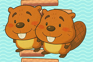 Two smiling cartoon beavers with buck teeth and large tails sitting on wooden logs against a light blue wavy background