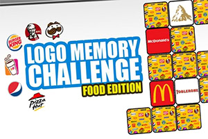 Logo memory challenge food edition graphic with fast food brand icons and a grid of colorful cards