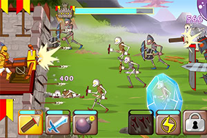 A colorful animated battle scene featuring skeletons attacking a castle, with various weapons and power-ups displayed at the bottom