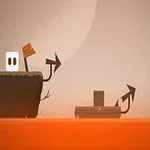 A minimalist animation scene featuring a character on a floating platform in an orange landscape with stylized trees and directional arrows, suggesting a playful, adventurous setting