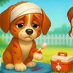 A sad brown and white dog with a bandaged head sits on a blue mat next to a young girl with brown hair, wearing a purple shirt, who looks concerned; a red first aid kit is visible nearby, all set against a bright outdoor background
