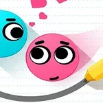 A cute cartoon scene featuring a blue smiley face with big eyes and a pink smiley face with big eyes, surrounded by hearts and a yellow pencil drawing a smile below them