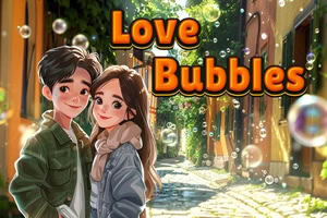 Romantic cartoon couple embracing on a sunlit cobblestone street with floating soap bubbles and the words Love Bubbles