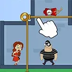 The image features a cartoon scene from a game, showcasing a woman in distress, a criminal character, and a man holding a baseball bat, with an interactive element indicating a finger pointing at a lever that releases a character above