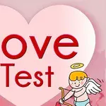 A playful graphic featuring a large pink heart with the words Love Test in bold red letters, accompanied by a cartoon cupid character holding a bow and arrow