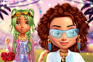 Two stylish young girls stand together in a colorful, vibrant setting, one with green braided hair and a sparkling outfit, and the other with curly hair wearing oversized sunglasses and a trendy outfit, surrounded by festive lights