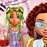 Two stylish young girls stand together in a colorful, vibrant setting, one with green braided hair and a sparkling outfit, and the other with curly hair wearing oversized sunglasses and a trendy outfit, surrounded by festive lights