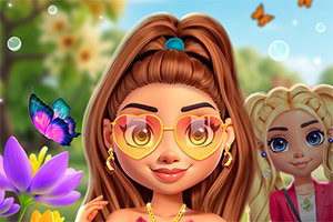 A young woman with long brown hair and heart-shaped sunglasses smiles in front of colorful flowers and butterflies, while another girl stands in the background