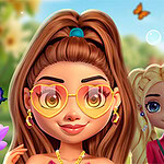A young woman with long brown hair and heart-shaped sunglasses smiles in front of colorful flowers and butterflies, while another girl stands in the background