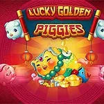 A vibrant visual featuring the title Lucky Golden Piggies, showcasing a cheerful, golden pig surrounded by gold coins and colorful pig characters against a red background with decorative lanterns