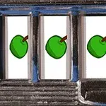 A slot machine display featuring three identical green apples with brown stems on white backgrounds