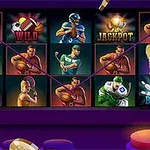 A colorful online slot machine game featuring various sports-themed symbols, including wilds, jackpots, and bonus icons, set against a vibrant purple background