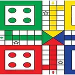 A colorful game board featuring four quadrants in red, blue, green, and yellow, each with two circles and a central star shape, designed for a classic board game like Ludo or Parcheesi