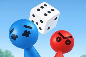 Two colorful toy-like figures, one blue with X eyes and one red with angry eyebrows, looking up at a floating white die against a blue sky