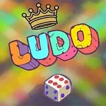 A colorful graphic featuring the word LUDO in playful, bold letters with a crown above and a multicolored dice below, set against a vibrant, blurred background