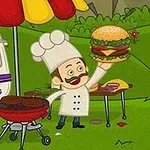 A cheerful cartoon chef wearing a white hat and apron holds a giant burger in front of a colorful food truck, with a grill and various meats cooking nearby in a vibrant outdoor setting