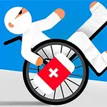 A cartoon figure wrapped in bandages is playfully rolling down a slope in a wheelchair, alongside a red first aid kit marked with a white cross, all set against a bright blue background