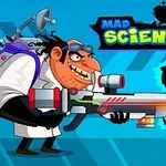 A cartoonish mad scientist in a lab coat, holding a futuristic gun and wearing goggles, stands against a bright blue background with the text MAD SCIENTIST and a spooky skull outline