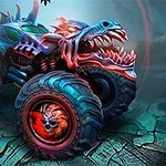 A vibrant monster truck with a dragon-themed design featuring glowing wheels and intricate skull motifs, set against a dark, cracked background