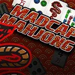 The image features a bold graphic of a snake entwined with the text Madcap Mahjong, surrounded by colorful Mahjong tiles against a red patterned background