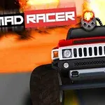 A red monster truck with a cannon on top drives towards the viewer against a fiery explosion backdrop, showcasing the title Mad Racer in bold graphics