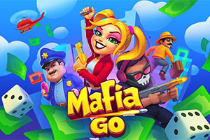 Colorful cartoon illustration of a blonde woman holding a gun with a police officer, masked gangster, and man in a hat behind her, surrounded by flying money, dice, and playing cards
