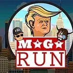 A cartoon-style graphic featuring a caricature of a man with blonde hair, flanked by two stylized characters wearing sunglasses and hats, set against a skyline backdrop with the text M