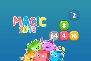 A colorful game interface for Magic 2048, featuring cheerful cartoon characters and number tiles (2, 4, 8, 16, 64) on a blue background, promoting a fun puzzle experience