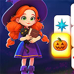 A young girl with red hair in a purple witchs outfit holds a book and stands beside game tiles featuring pumpkins, a star, a black cat, a crystal, a mushroom, and a notebook against a dark background