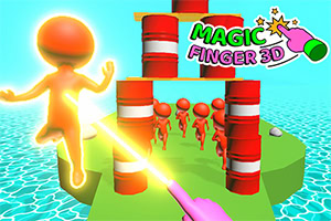 A bright, orange stick figure is depicted jumping on a green platform surrounded by blue water, with red barrels stacked in the background and several smaller stick figures in front, alongside the colorful title MAGIC FINGER 3D in a playful font