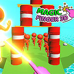 A bright, orange stick figure is depicted jumping on a green platform surrounded by blue water, with red barrels stacked in the background and several smaller stick figures in front, alongside the colorful title MAGIC FINGER 3D in a playful font