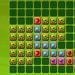 A grid-based puzzle game layout featuring various colored blocks, including green leaves, water drops, and brown crates, arranged in a distinctive pattern on a green background