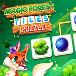 A vibrant illustration featuring a cheerful girl with floral decorations and a fox, surrounded by colorful tiles displaying various forest-themed icons like berries and clovers, set against a lush green background