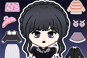 A cartoon character with long, dark hair styled in braids, large expressive eyes, and a dark outfit, surrounded by various clothing items and accessories including skirts, tops, and a hat, set against a dark background