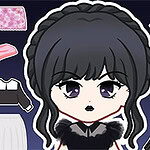 A cartoon character with long, dark hair styled in braids, large expressive eyes, and a dark outfit, surrounded by various clothing items and accessories including skirts, tops, and a hat, set against a dark background