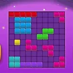 A colorful grid puzzle game featuring various colored blocks arranged in a 10x10 grid with a purple background and two navigation buttons on the sides