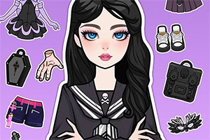Cartoon gothic schoolgirl with black hair and blue eyes surrounded by outfit accessories on a purple background