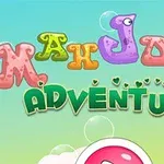 Colorful title screen for Mahjong Adventure, featuring playful, bubbly letters against a bright, cheerful background with bubbles and festive elements like balloons