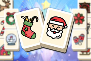 A colorful Christmas-themed Mahjong game featuring tiles with a Santa Claus and a Christmas stocking design